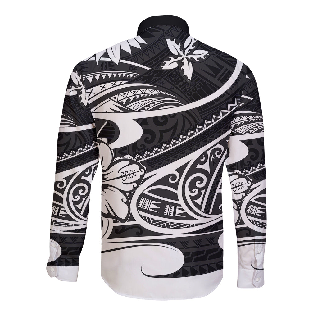 Black long-sleeve button shirt with Polynesian tribal print, back view, point collar