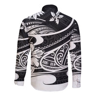 Black long-sleeve button shirt with Polynesian tribal print, back view, point collar