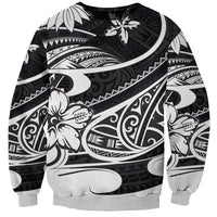 Black crewneck sweatshirt with bold white Polynesian-style tribal motif across front, long sleeves