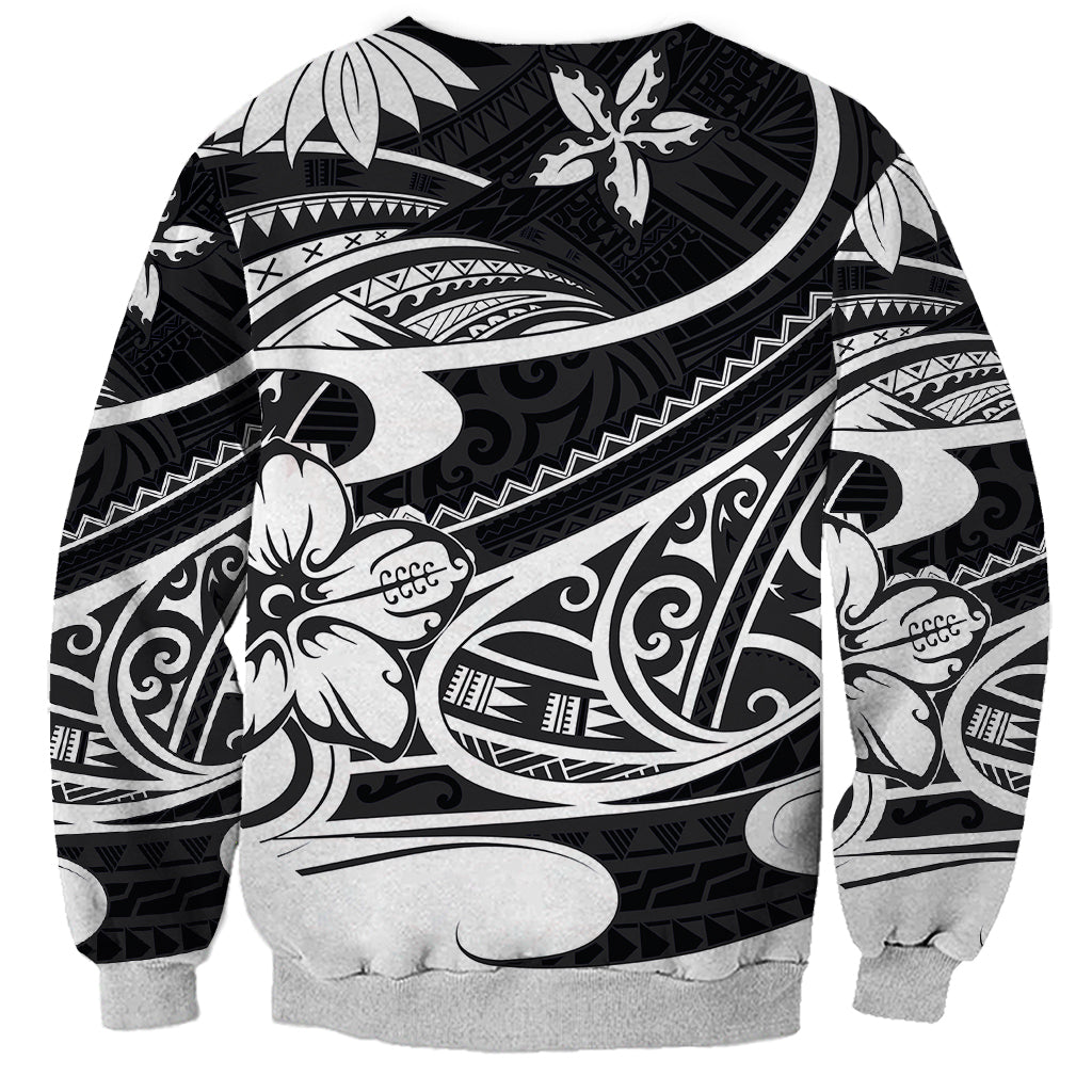 Black crewneck sweatshirt with large white tribal graphic pattern, ribbed cuffs and hem, long sleeves