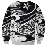 Black crewneck sweatshirt with large white tribal graphic pattern, ribbed cuffs and hem, long sleeves