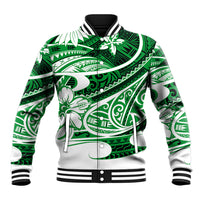 Green tribal baseball jacket with black ribbed collar, cuffs, and hem
