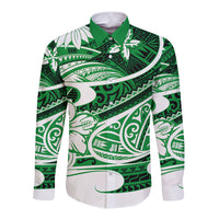 Unisex long sleeve button shirt in green with Polynesian tribal print, pointed collar