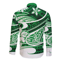 Unisex long sleeve button shirt back in green with large Polynesian tribal design