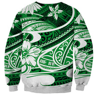 Unisex sweatshirt with large green-and-white Polynesian tribal graphic on heather gray base