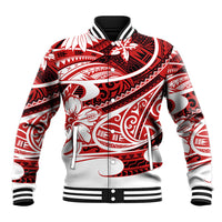 Red tribal print baseball jacket with striped cuffs, snap front, and ribbed collar.