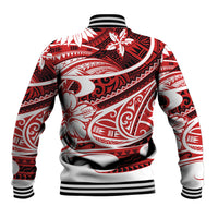 Back view red tribal print baseball jacket with ribbed hem and striped cuffs.