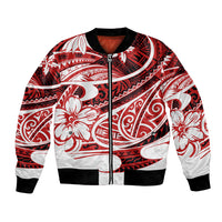 Red bomber jacket with white Polynesian tribal print, full-zip front, ribbed cuffs