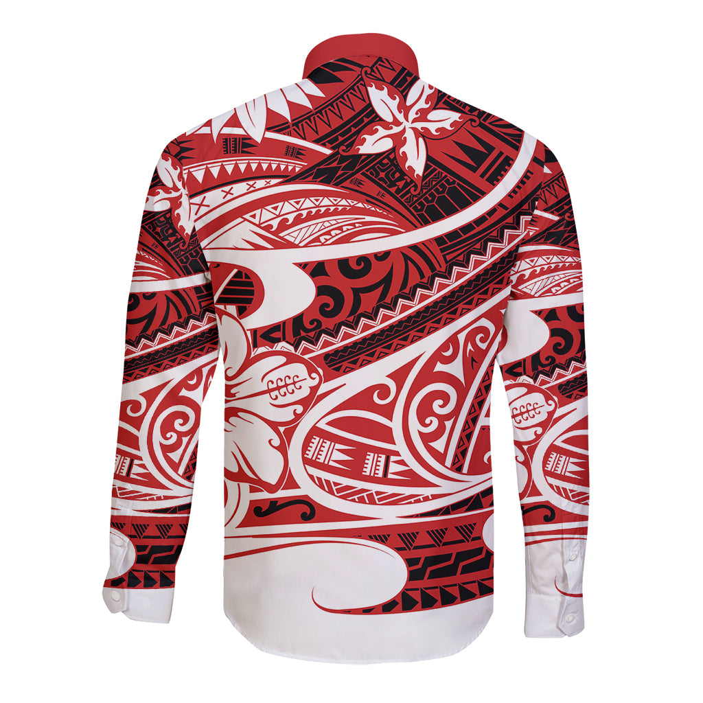 Red Polynesian tribal long sleeve button shirt, back view, white graphic print