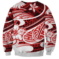 Unisex crewneck sweatshirt featuring large tribal mask and wave motifs in red