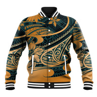 Unisex baseball jacket with dark green and gold Polynesian tribal print, snap front