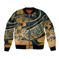Unisex bomber jacket, green-and-gold tribal print, black ribbed collar, zip front
