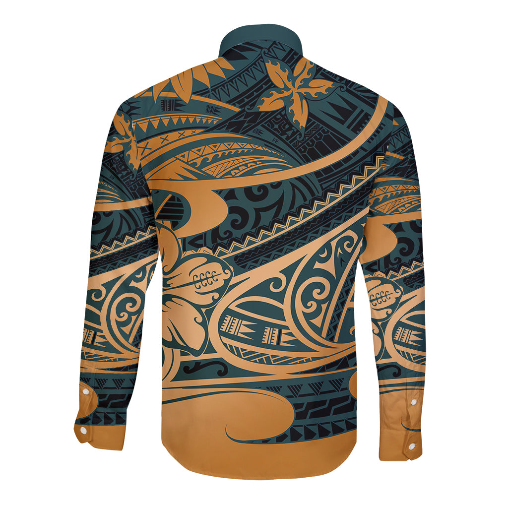 Green long-sleeve button shirt back with large tribal motif and stylized waves