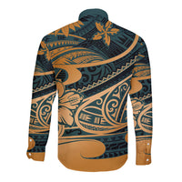 Green long-sleeve button shirt back with large tribal motif and stylized waves