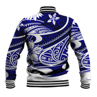 Blue baseball jacket with Polynesian tribal back print, ribbed cuffs, striped hem.