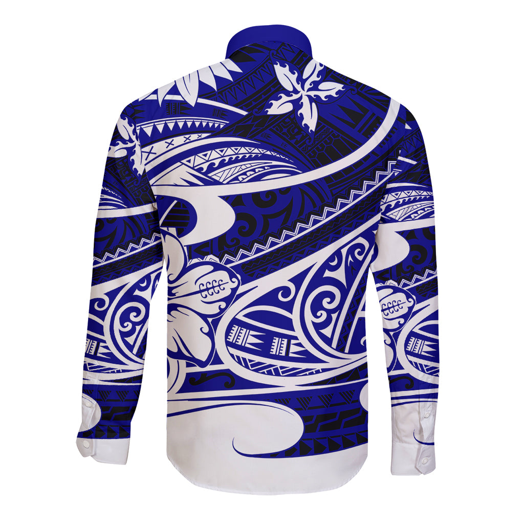 Back view blue long-sleeve button shirt with white tribal print and yoke