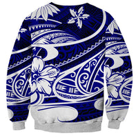 Blue unisex sweatshirt, front view with large white Polynesian tribal motifs and bands