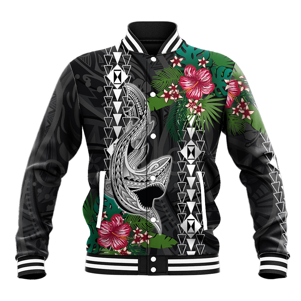 Black baseball jacket with ribbed striped collar and cuffs, hibiscus and shark graphic, front snap