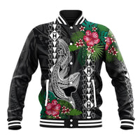 Black baseball jacket with ribbed striped collar and cuffs, hibiscus and shark graphic, front snap