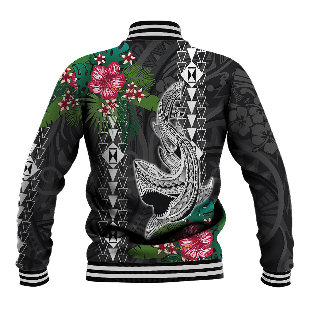 Black baseball jacket back with hibiscus, green foliage, and shark graphic, striped waistband