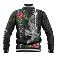 Black baseball jacket back with hibiscus, green foliage, and shark graphic, striped waistband