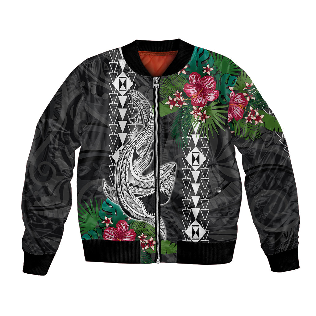 Unisex bomber jacket with full-zip front, ribbed collar, shark and hibiscus print