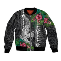 Unisex bomber jacket with full-zip front, ribbed collar, shark and hibiscus print