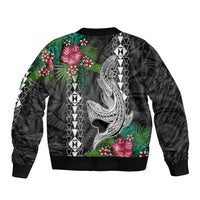 Unisex bomber jacket back with large shark graphic, hibiscus flowers, geometric stripe panel