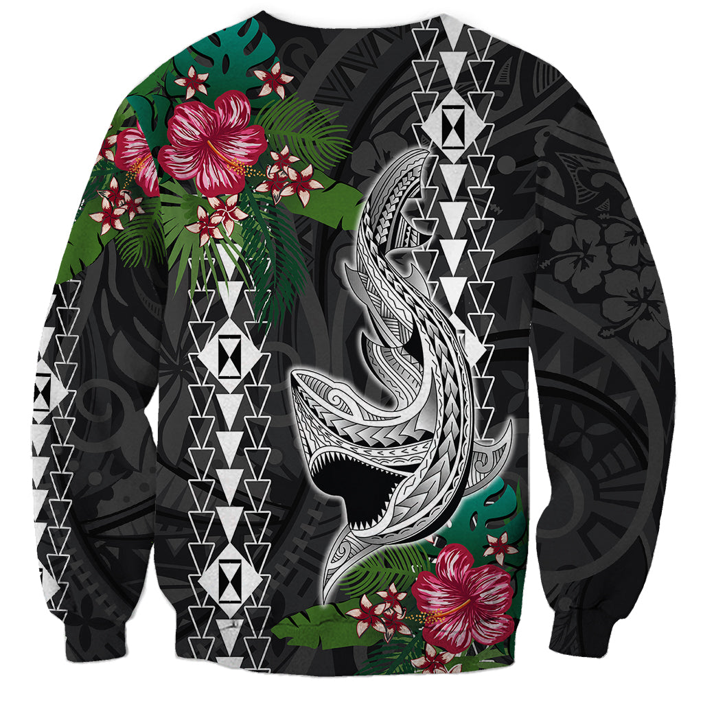 Unisex black sweatshirt with green hibiscus and shark print, geometric pattern sleeves