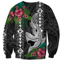 Unisex black sweatshirt with green hibiscus and shark print, geometric pattern sleeves