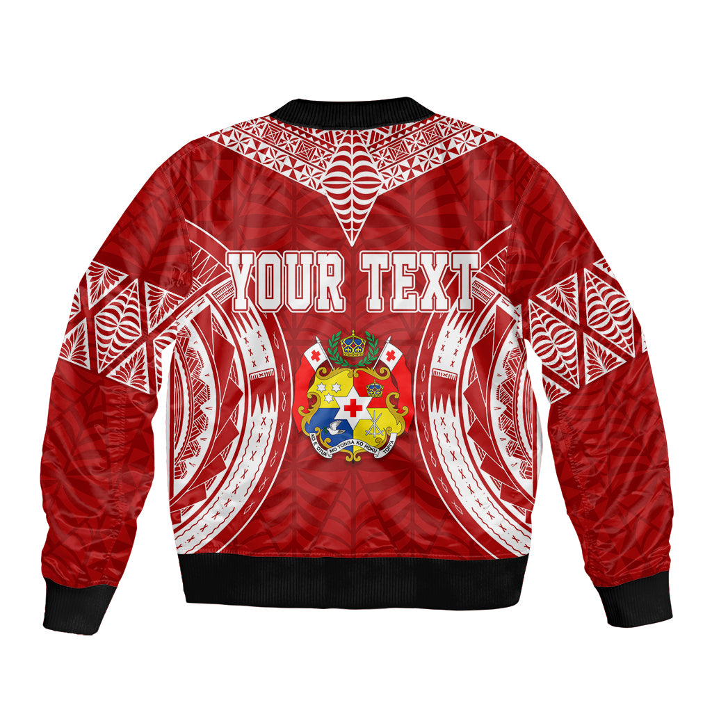 Red bomber jacket with zip front, white geometric print, and coat-of-arms emblem