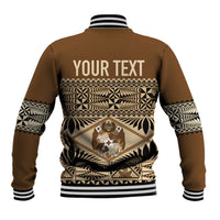 Brown unisex baseball jacket back with YOUR TEXT, patterned hem, striped ribbed collar