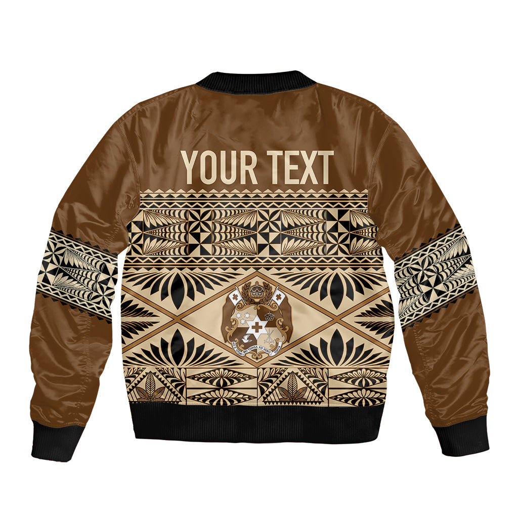 Brown unisex bomber jacket with back YOUR TEXT print, ribbed cuffs and hem