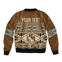 Brown unisex bomber jacket with back YOUR TEXT print, ribbed cuffs and hem