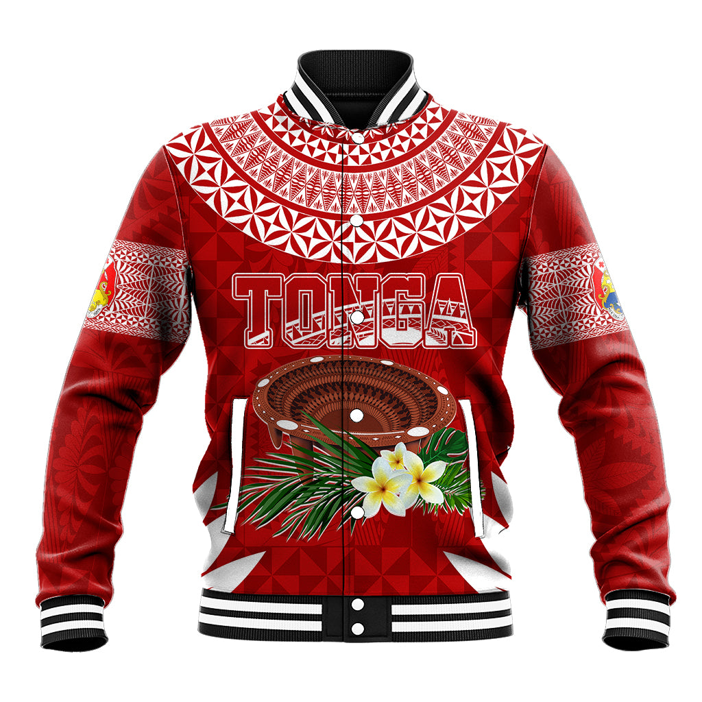 Unisex red baseball jacket with black ribbed collar and cuffs, floral tribal front graphic
