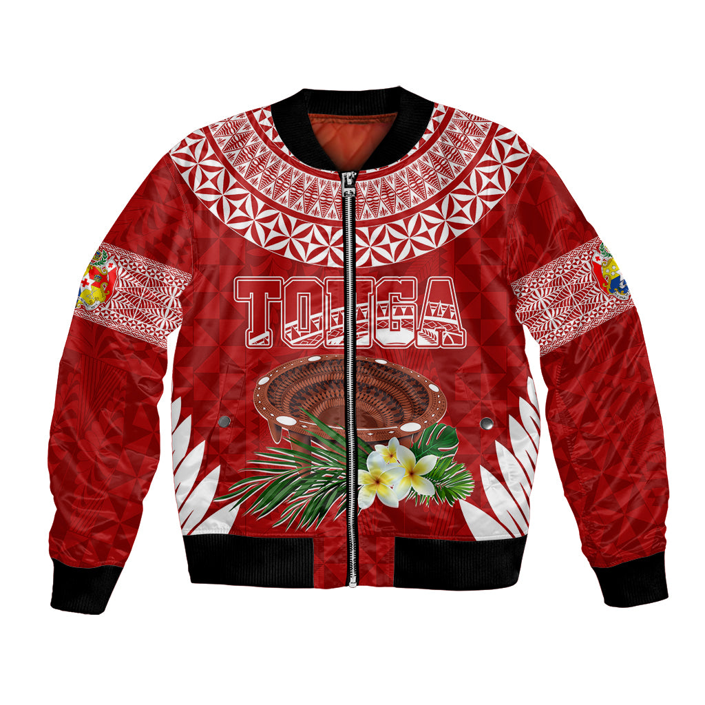 Red bomber jacket with full zip, tribal band collar, drum and plumeria graphic