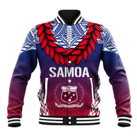 Samoa baseball jacket with red feather print, blue geometric front, ribbed collar and cuffs