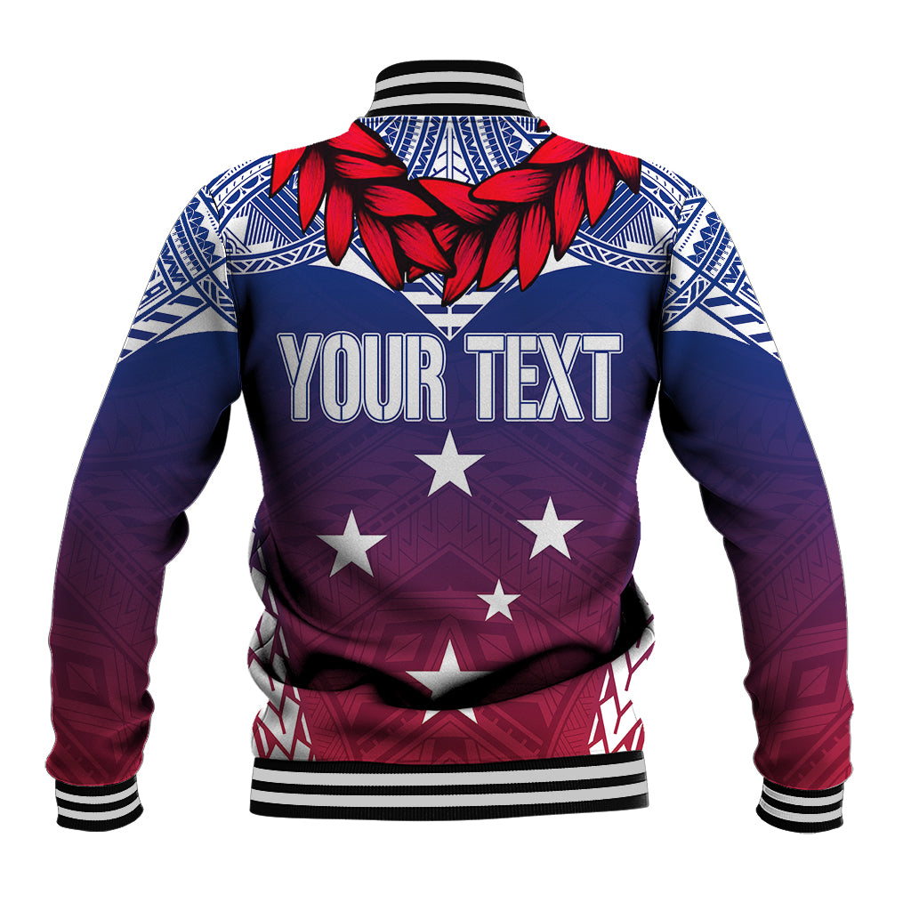 Back baseball jacket with blue geometric pattern, red gradient, star design, ribbed waistband