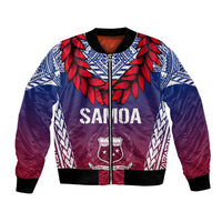 Unisex bomber jacket with front zip, blue-purple gradient, red feather print, Samoa text