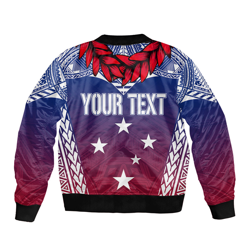 Unisex bomber jacket with ribbed hem, blue-purple gradient, red feathers, stars, YOUR TEXT
