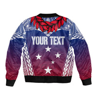 Unisex bomber jacket with ribbed hem, blue-purple gradient, red feathers, stars, YOUR TEXT