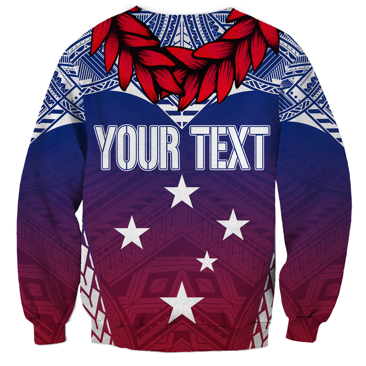 Unisex sweatshirt with blue-to-purple and red gradient, red feathers, star graphic, YOUR TEXT