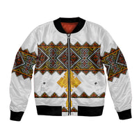 White bomber jacket with multicolor geometric print, front zip, black rib trim cuffs/hem