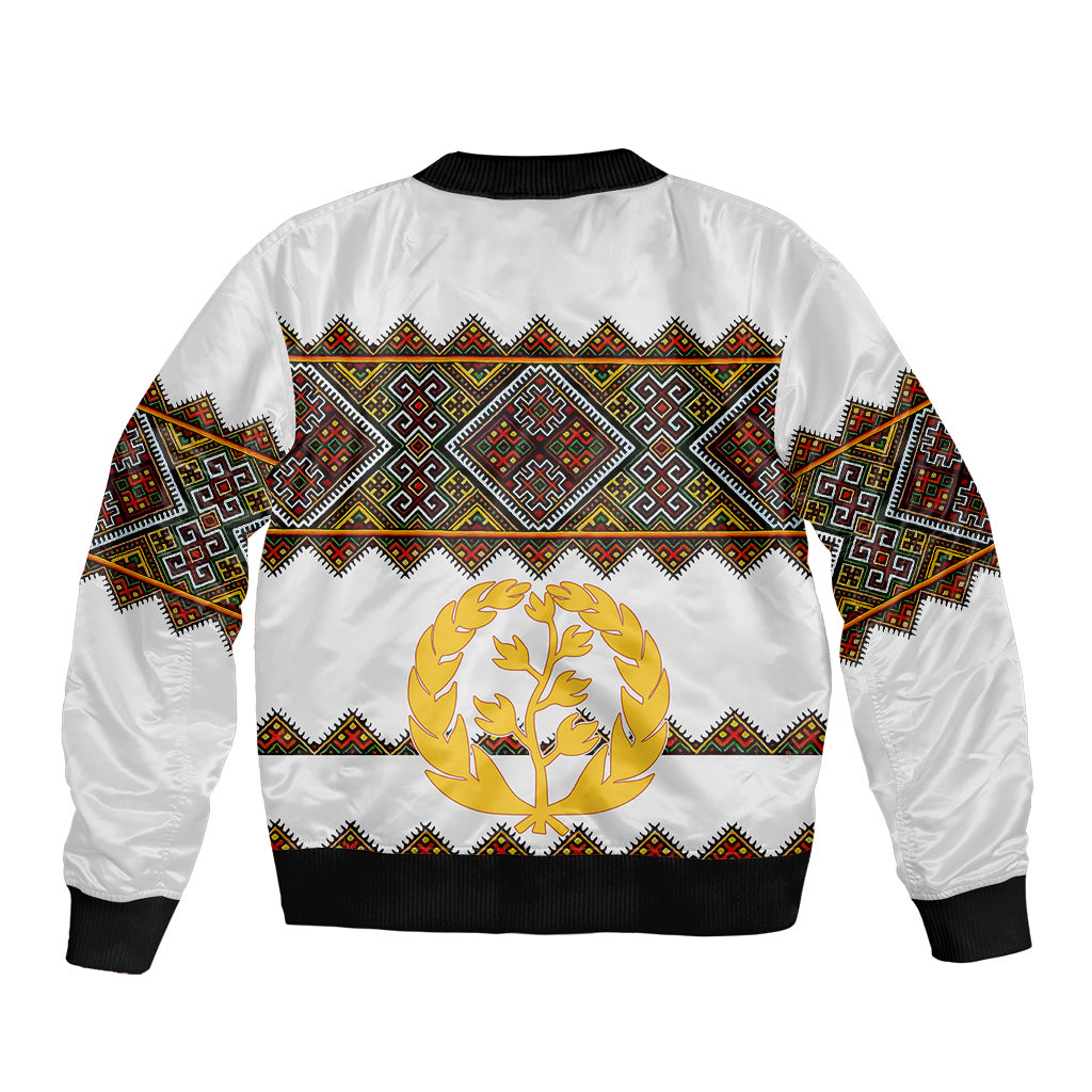 White bomber jacket back with multicolor geometric print and gold emblem, black rib trim hem