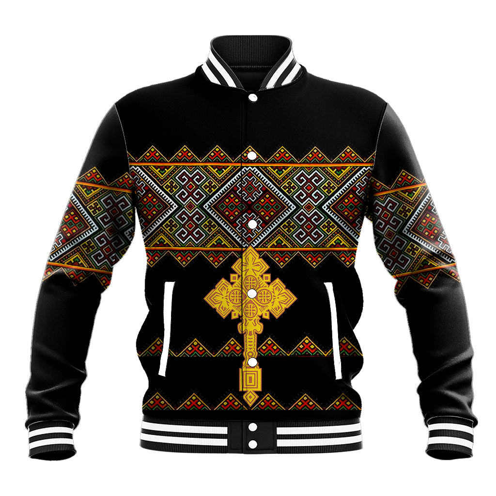 Black baseball jacket with multicolor cross panel, striped ribbed collar and cuffs, snap front