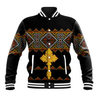 Black baseball jacket with multicolor cross panel, striped ribbed collar and cuffs, snap front