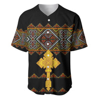 Black baseball jersey with multicolor geometric border and gold cross pendant print