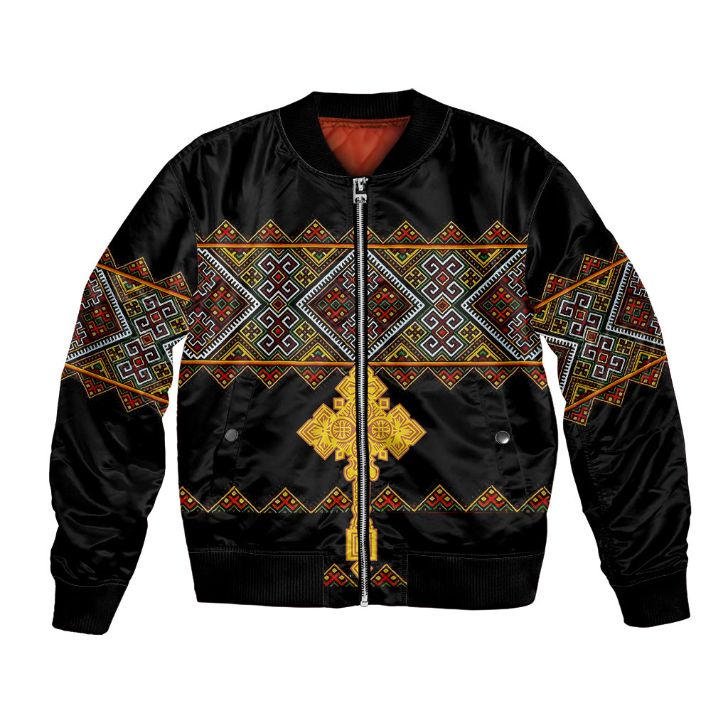 Black bomber jacket with front zip and Eritrean cross-style geometric trim