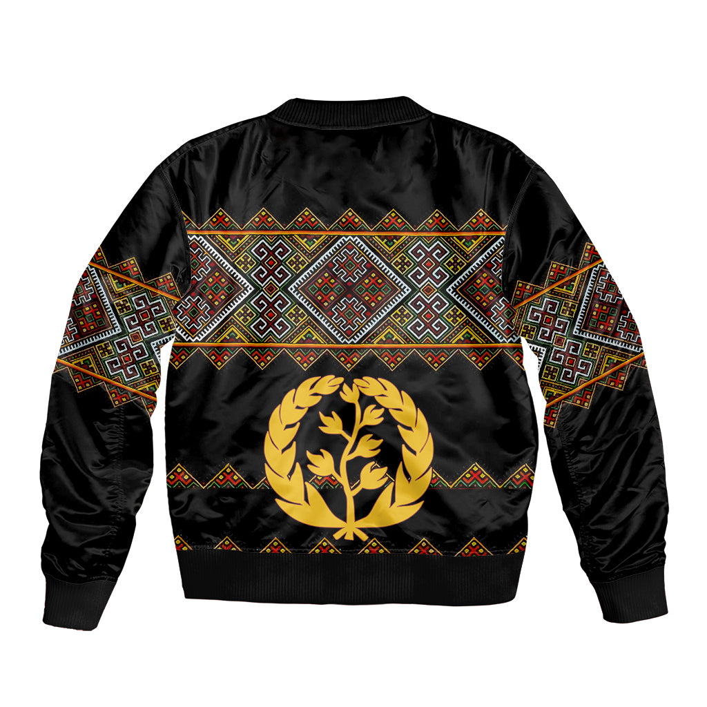 Black bomber jacket with back crest and geometric dash stripe pattern