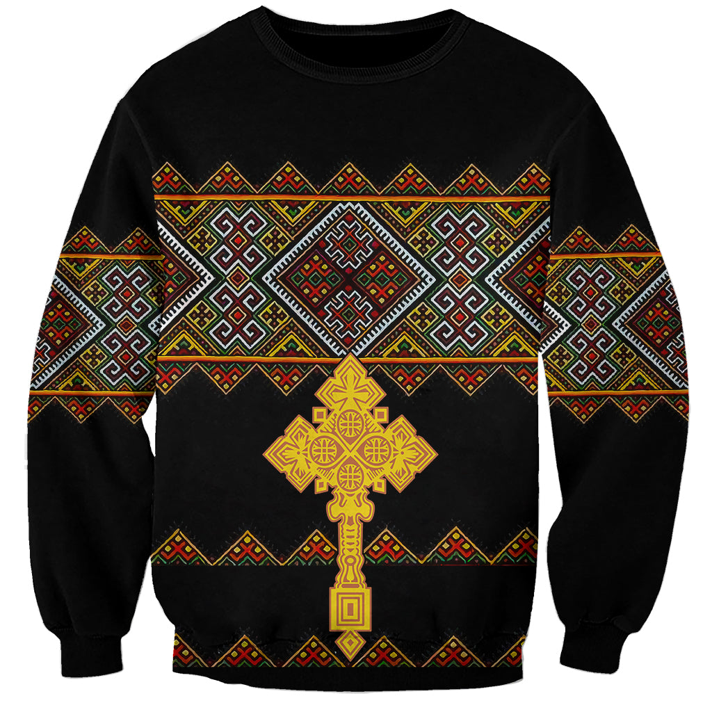 Unisex black sweatshirt with colorful band and gold cross graphic